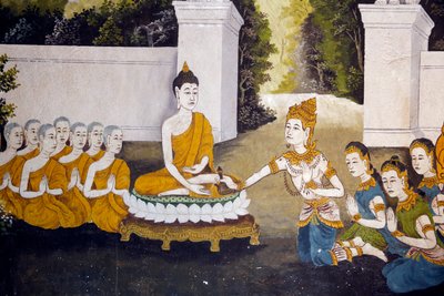 Fresco que representa una escena de la vida de Buda en Wat Phra Doi Suthep, Chiang Mai. Buda recibiendo limosnas. Tailandia de Unknown